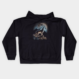 Wolf Lookout Full Moon on Mountain Kids Hoodie